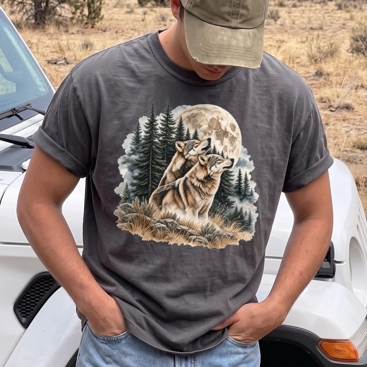 Wolves Howling at the Moon T-Shirt Men model in Pepper