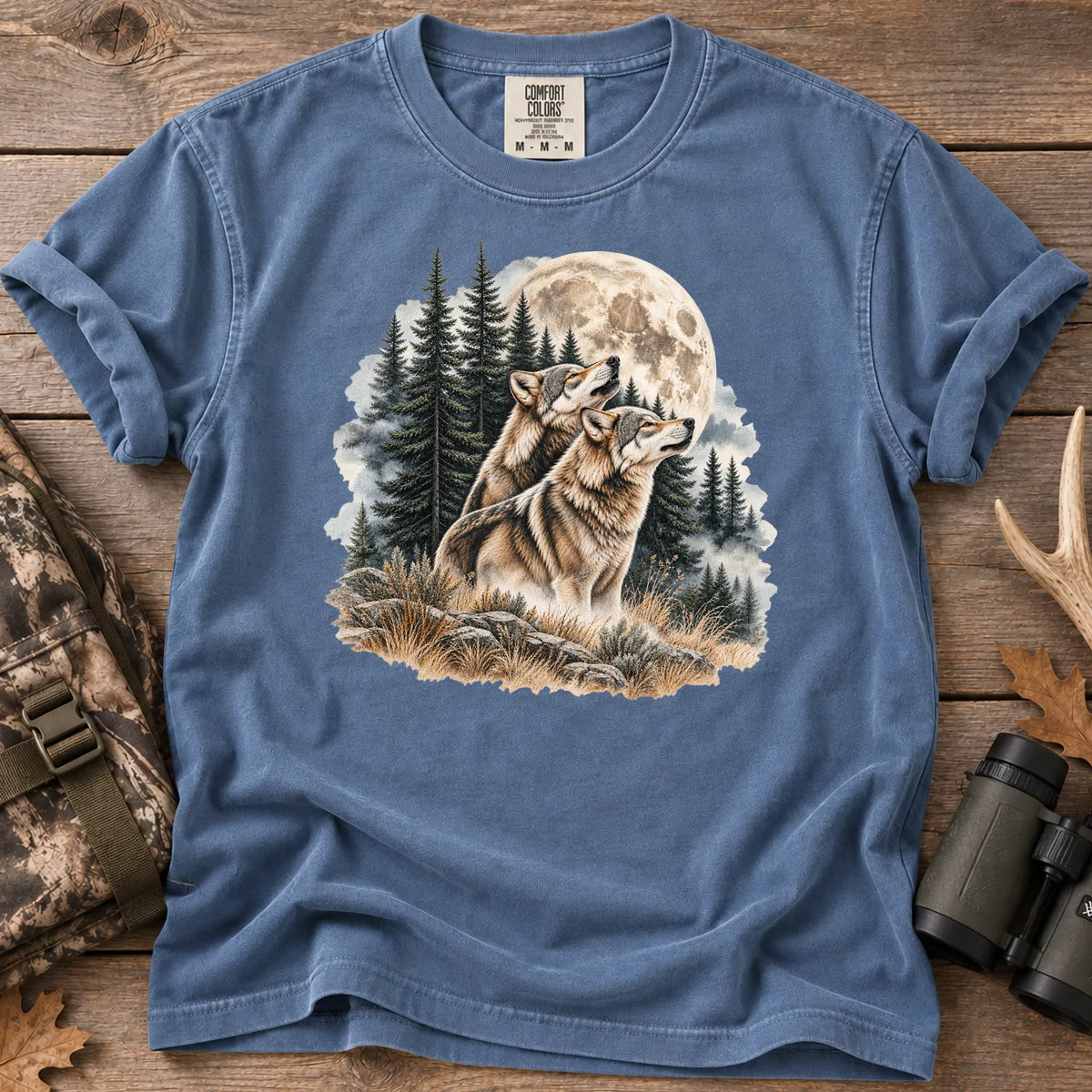 Wolves Howling at the Moon T-Shirt in Blue Jean