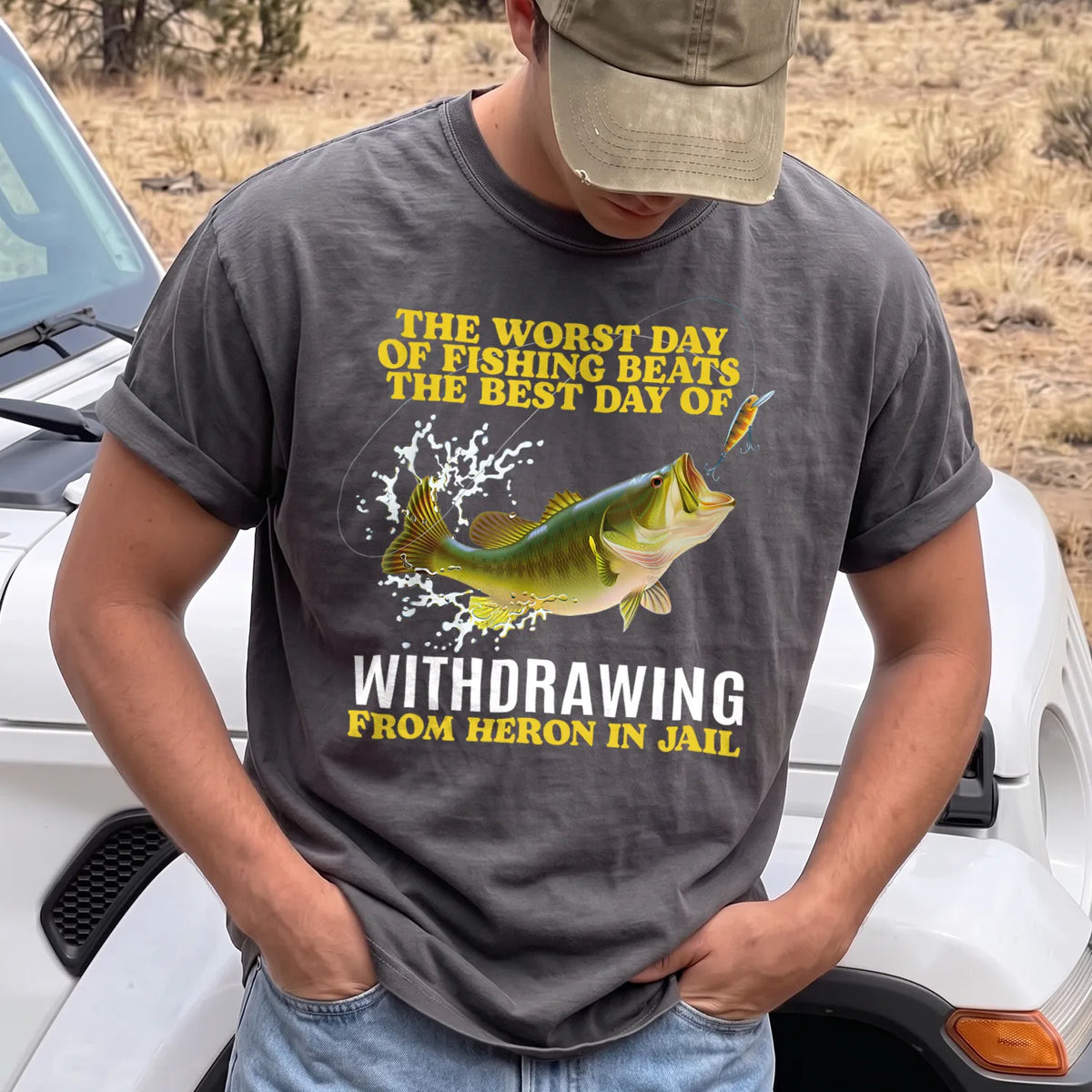 Worst Day Fishing Dark Humor T-Shirt Men model in Pepper