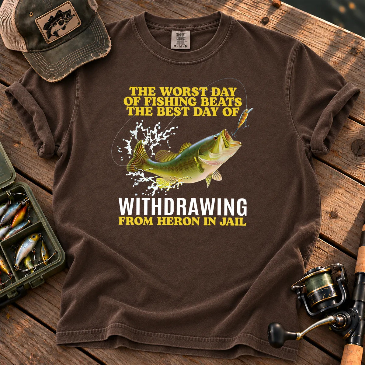 Worst Day Fishing Dark Humor T-Shirt in Espresso