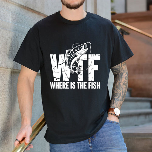 Black T-shirt front with cracked WTF lettering with a jumping fish and Where Is the Fish caption reading 'WTF WHERE IS THE FISH'