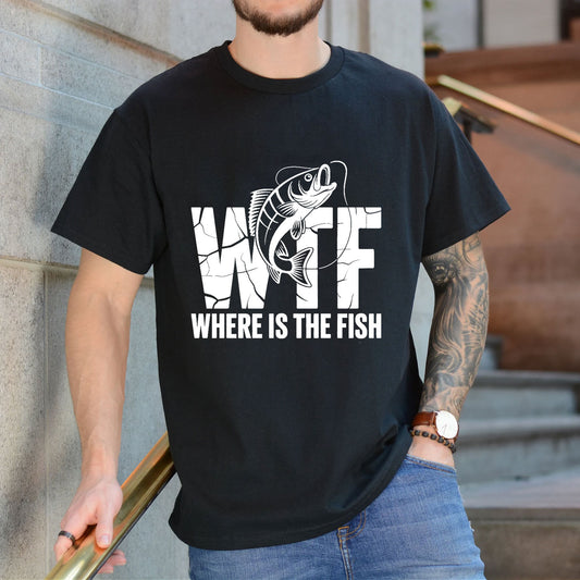 Black T-shirt front with cracked WTF lettering with a jumping fish and Where Is the Fish caption reading 'WTF WHERE IS THE FISH'