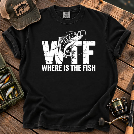 WTF Where Is the Fish Funny Fishing T-Shirt in Black