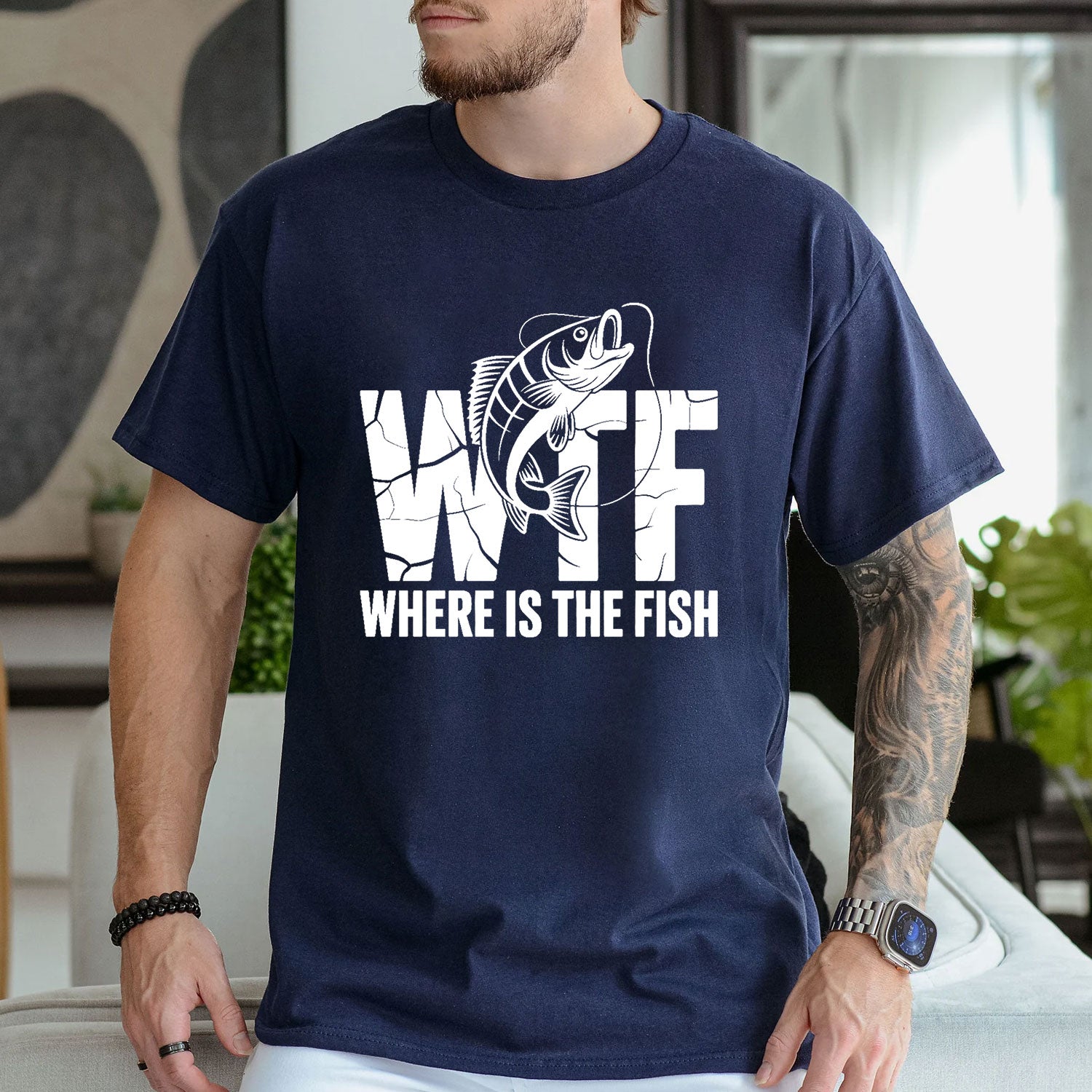 Dark Heather T-shirt front with cracked WTF lettering with a jumping fish and Where Is the Fish caption