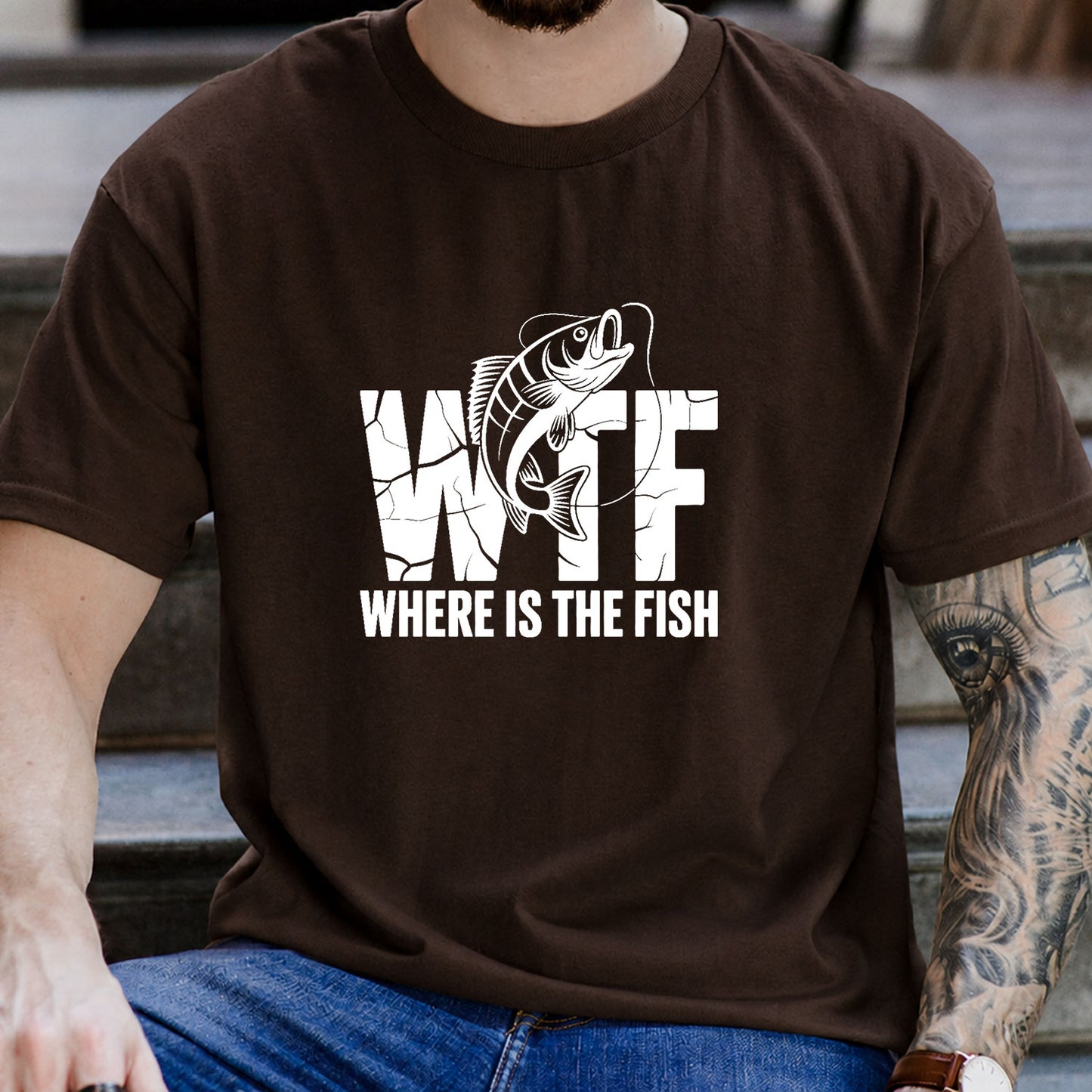 Forest Green T-shirt front with cracked WTF lettering with a jumping fish and Where Is the Fish caption