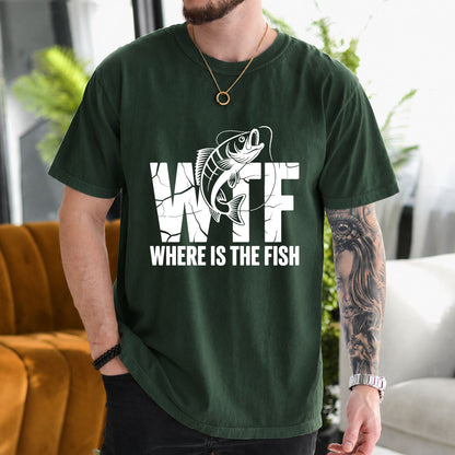 Military Green T-shirt front with cracked WTF lettering with a jumping fish and Where Is the Fish caption