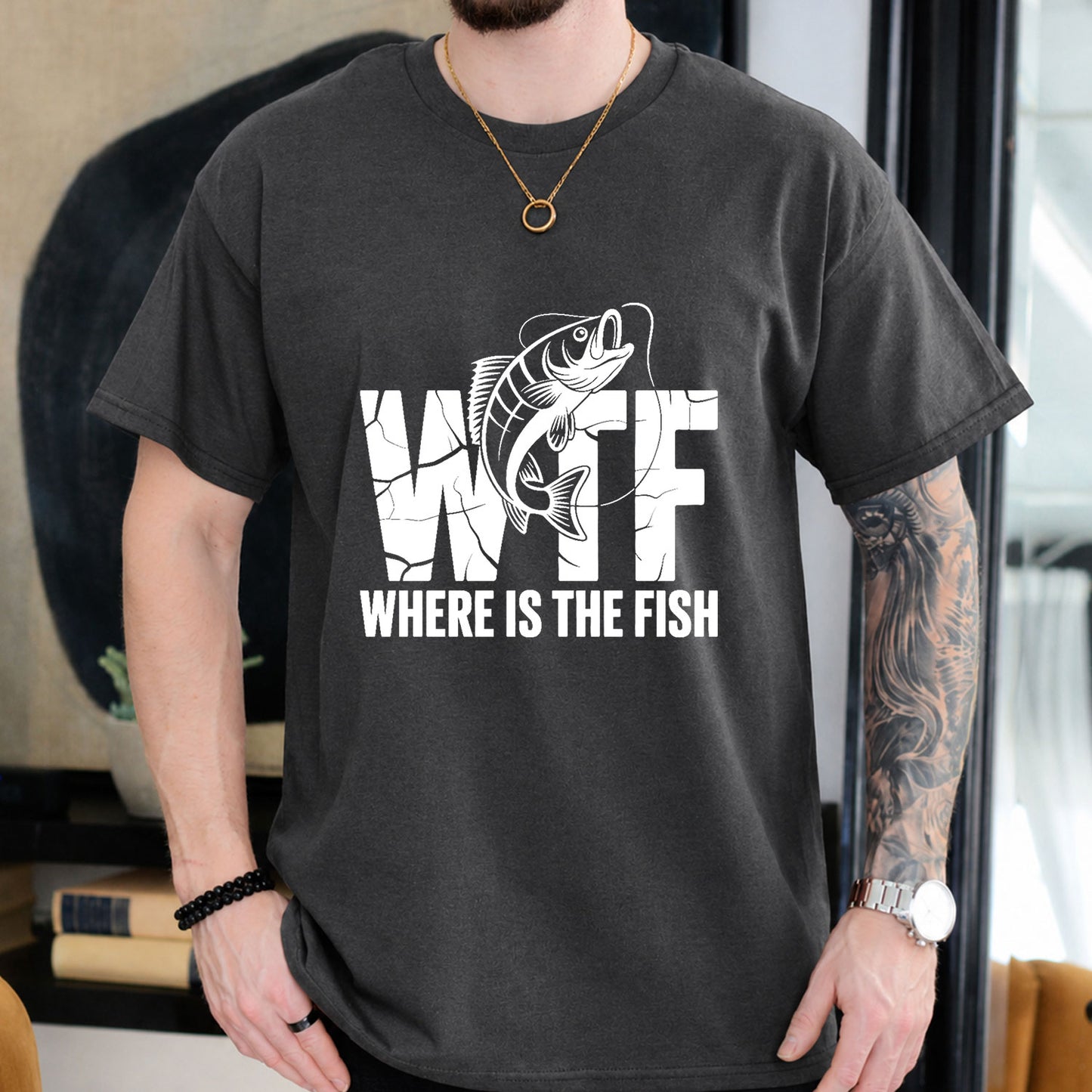 Dark Chocolate T-shirt front with cracked WTF lettering with a jumping fish and Where Is the Fish caption
