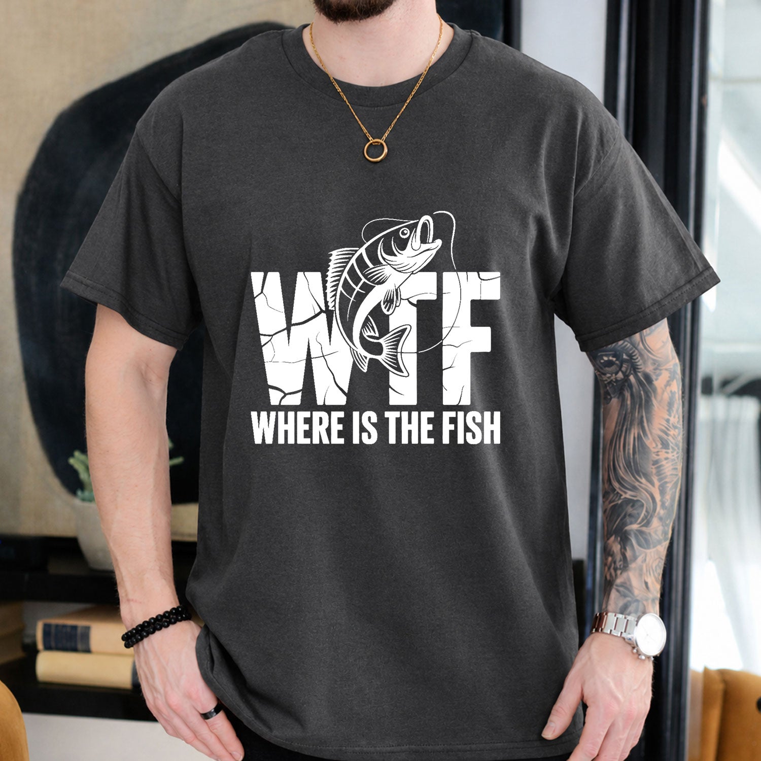 Dark Chocolate T-shirt front with cracked WTF lettering with a jumping fish and Where Is the Fish caption