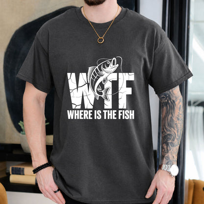 Dark Chocolate T-shirt front with cracked WTF lettering with a jumping fish and Where Is the Fish caption