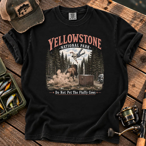 Yellowstone Bison Tossing Tourist T-Shirt in Black