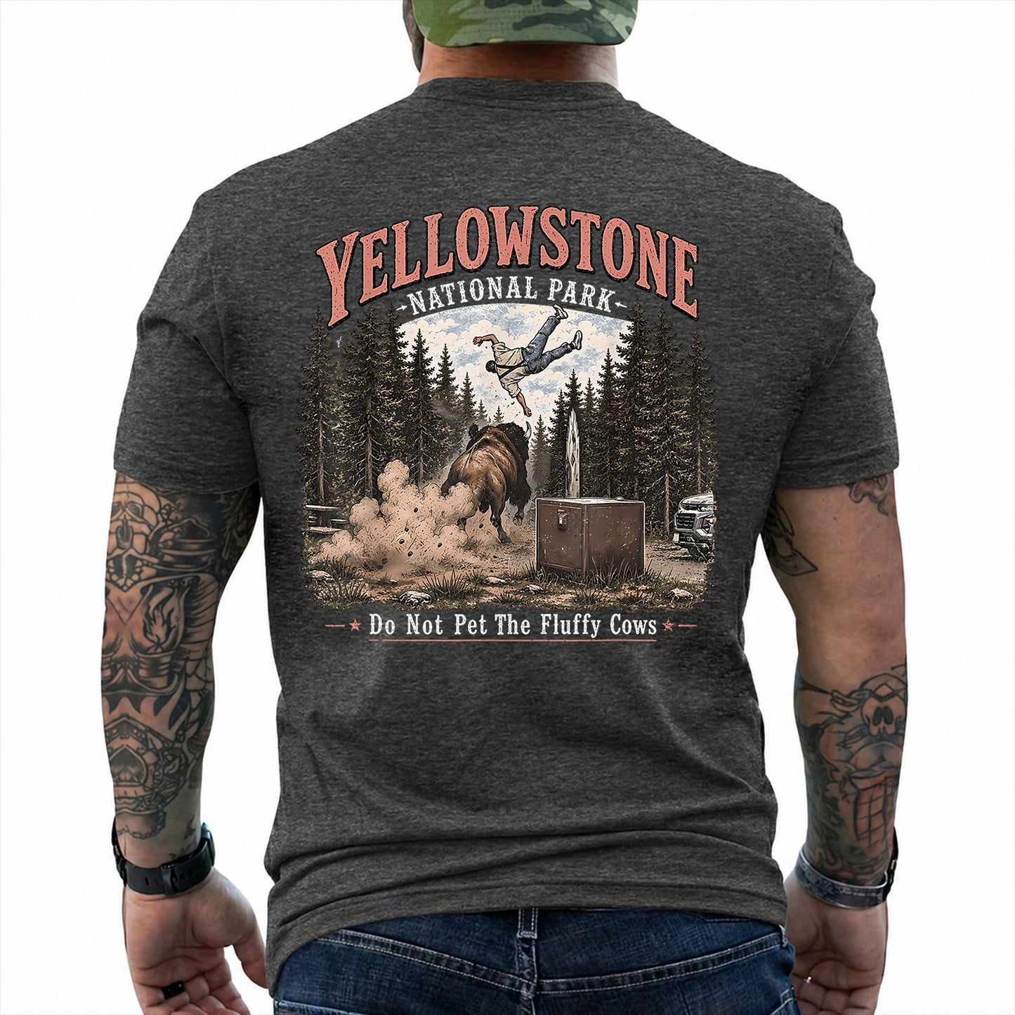 Dark Heather T-shirt back with Yellowstone bison tossing a tourist beside Do Not Pet The Fluffy Cows text
