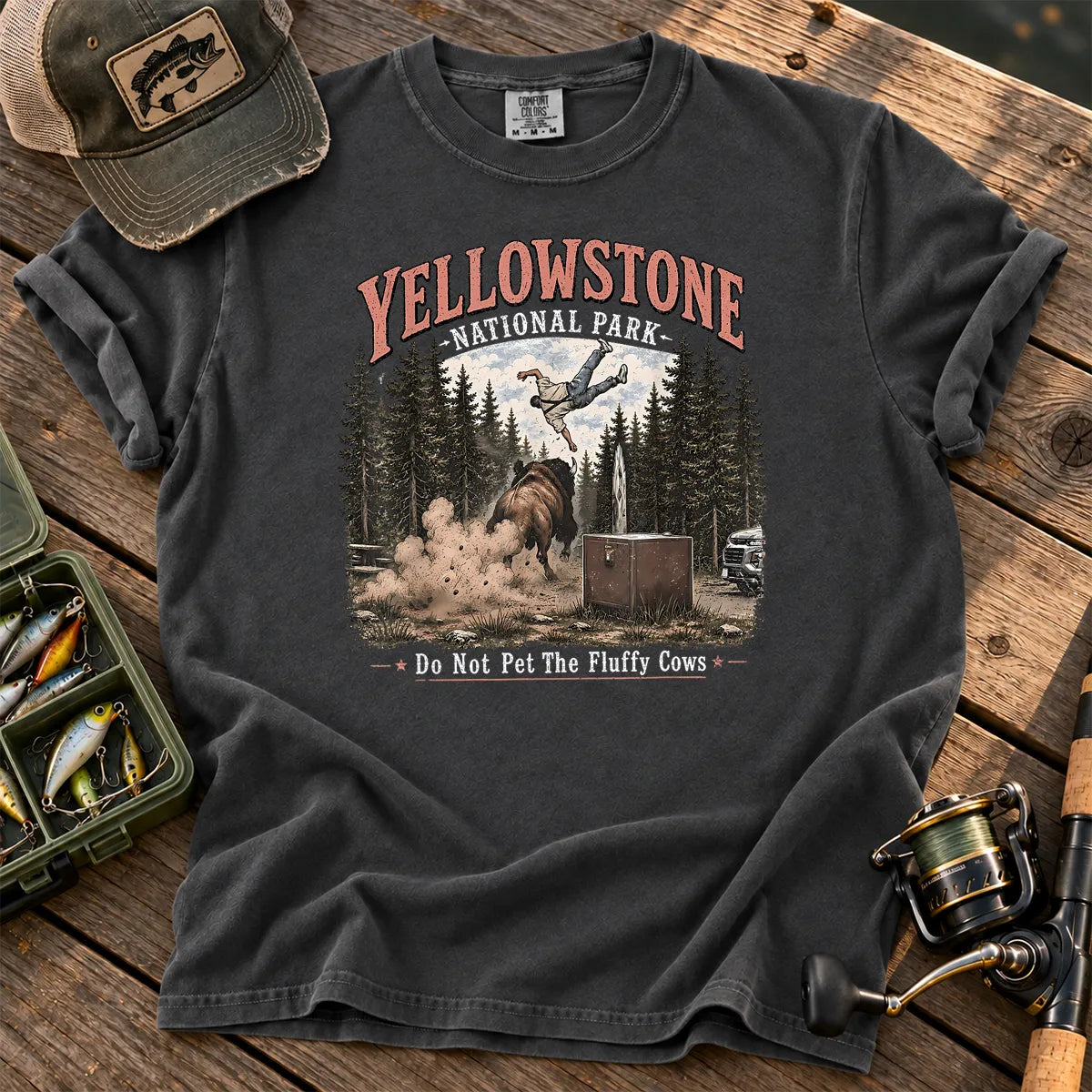 Yellowstone Bison Tossing Tourist T-Shirt in Pepper