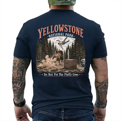 Navy T-shirt back with Yellowstone bison tossing a tourist beside Do Not Pet The Fluffy Cows text