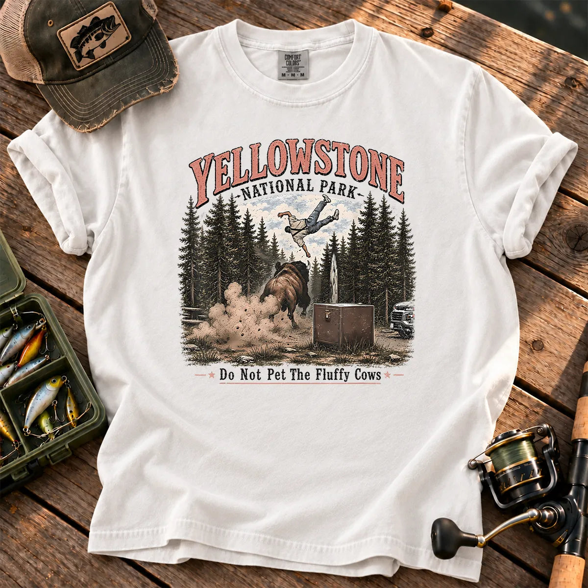 Yellowstone Bison Tossing Tourist T-Shirt in White