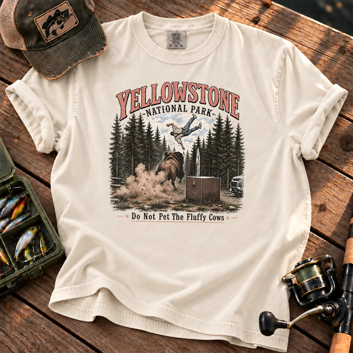 Yellowstone Bison Tossing Tourist T-Shirt in Ivory