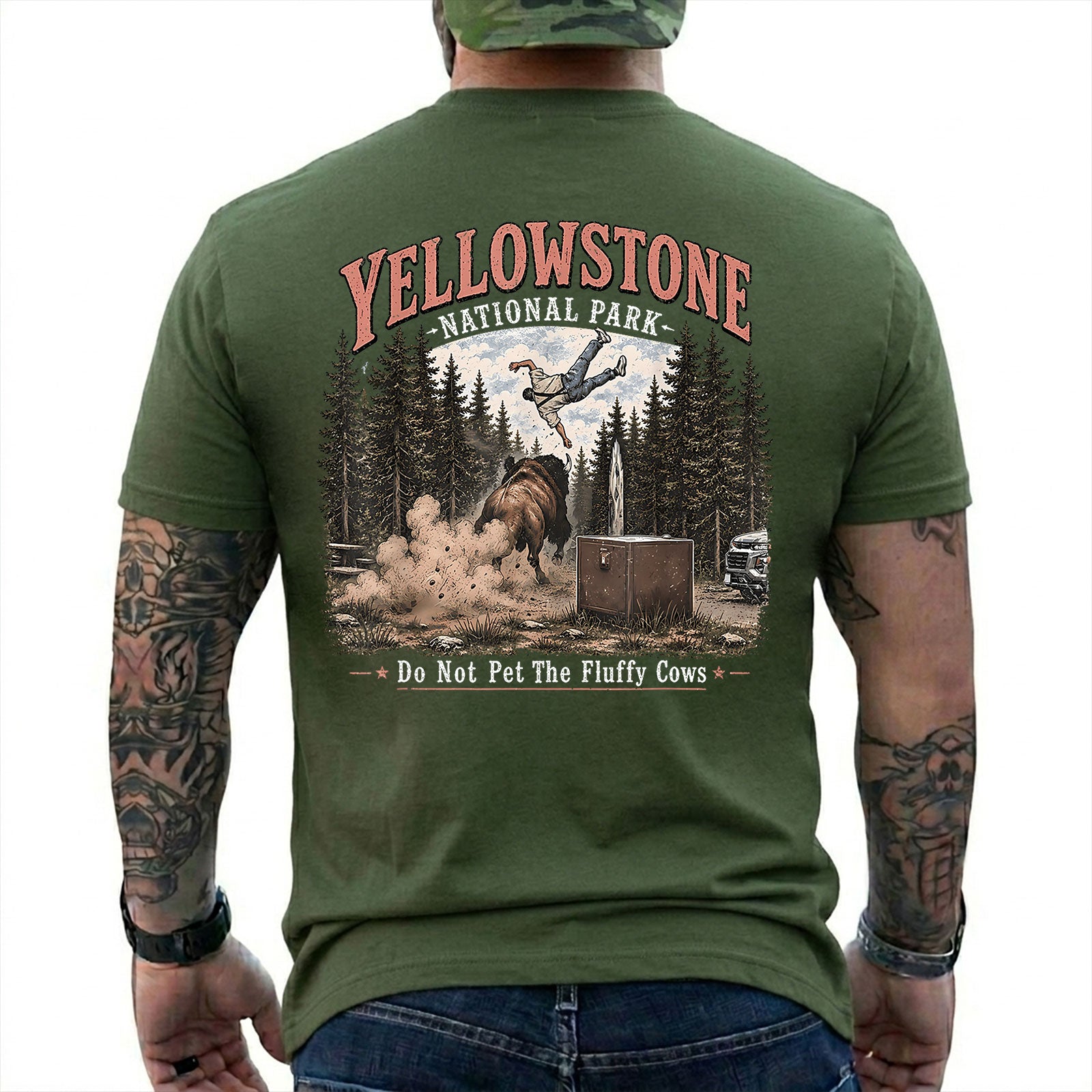 Military Green T-shirt back with Yellowstone bison tossing a tourist beside Do Not Pet The Fluffy Cows text