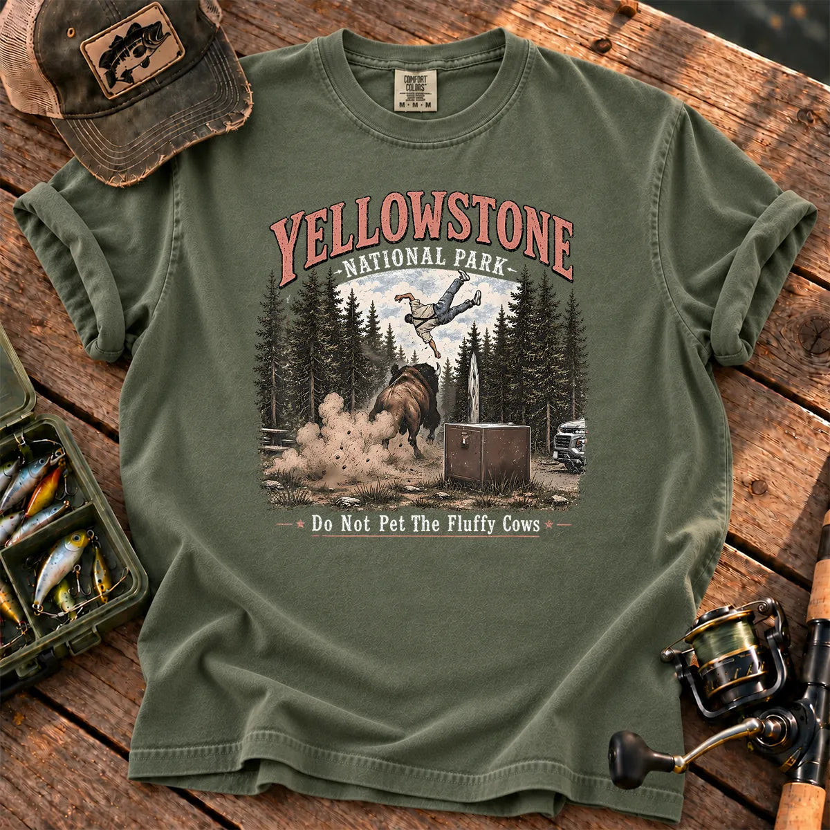 Yellowstone Bison Tossing Tourist T-Shirt in Moss