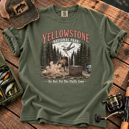 Yellowstone Bison Tossing Tourist T-Shirt in Moss