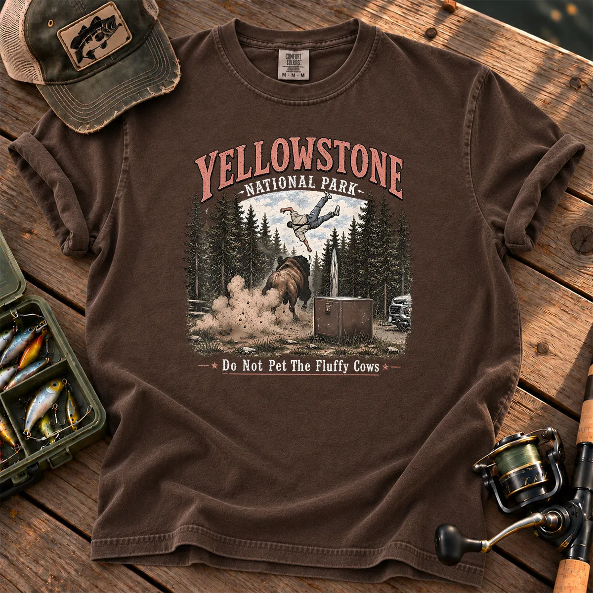 Yellowstone Bison Tossing Tourist T-Shirt in Espresso