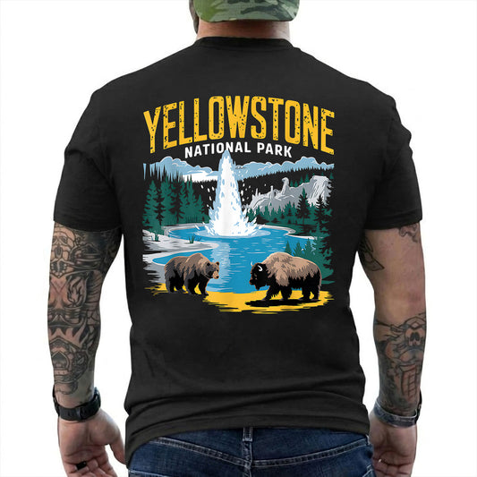 Black T-shirt back with Yellowstone geyser landscape with a bear and bison reading 'YELLOWSTONE NATIONAL PARK'