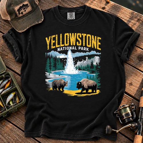 Yellowstone Geyser Bear and Bison T-Shirt in Black