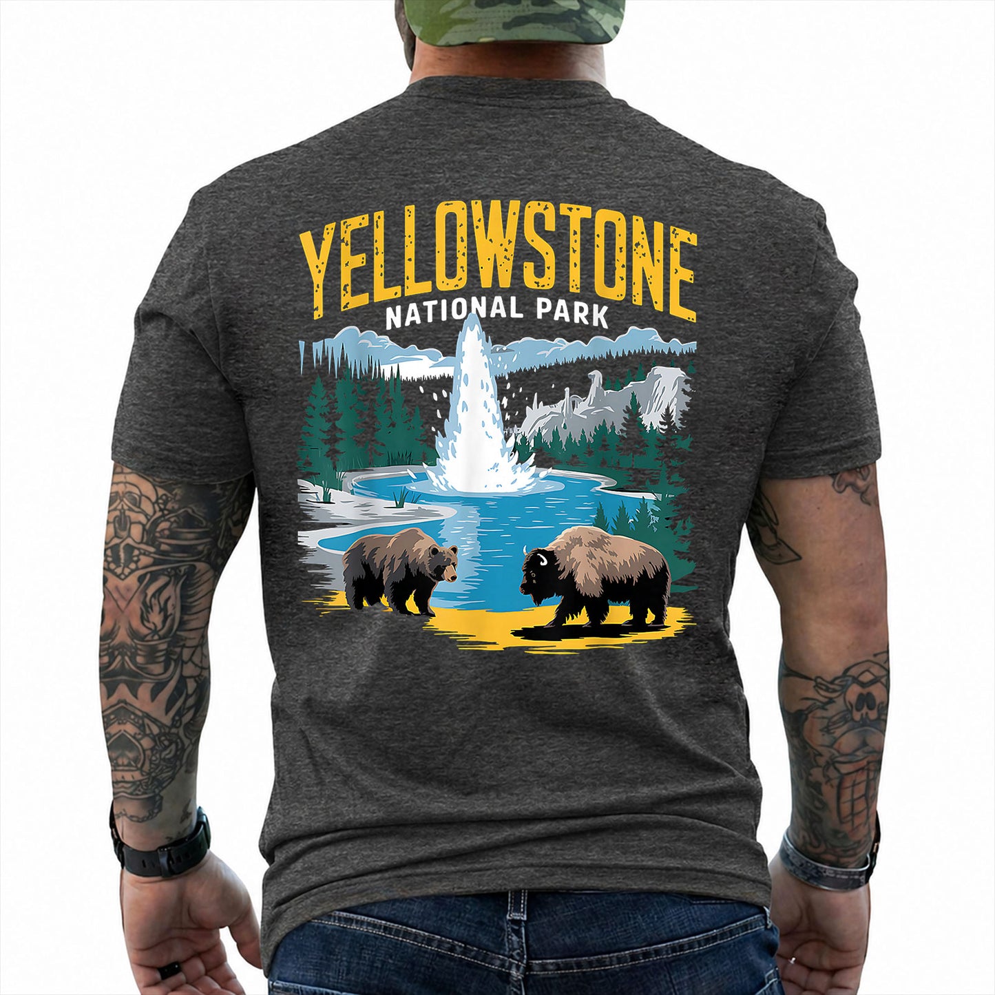 Dark Heather T-shirt back with Yellowstone geyser landscape with a bear and bison