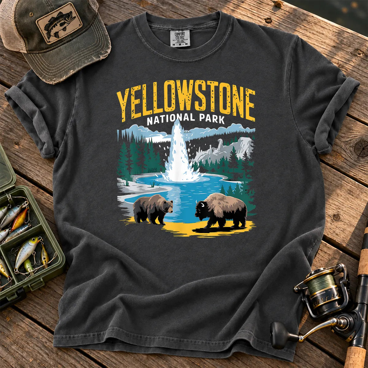 Yellowstone Geyser Bear and Bison T-Shirt in Pepper