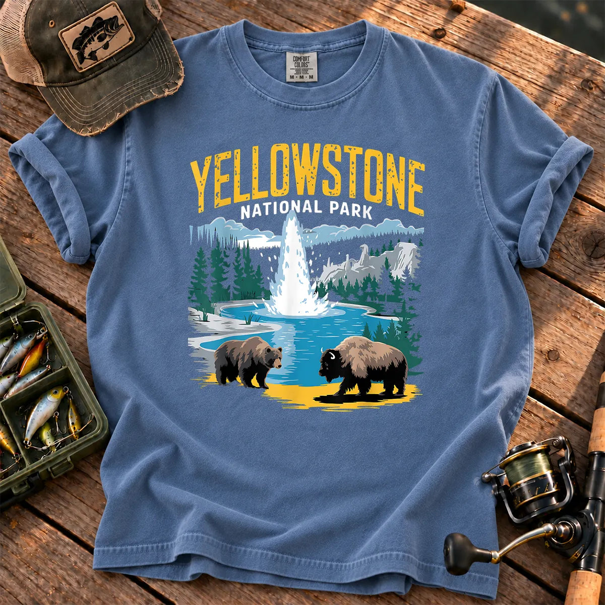 Yellowstone Geyser Bear and Bison T-Shirt in Blue Jean