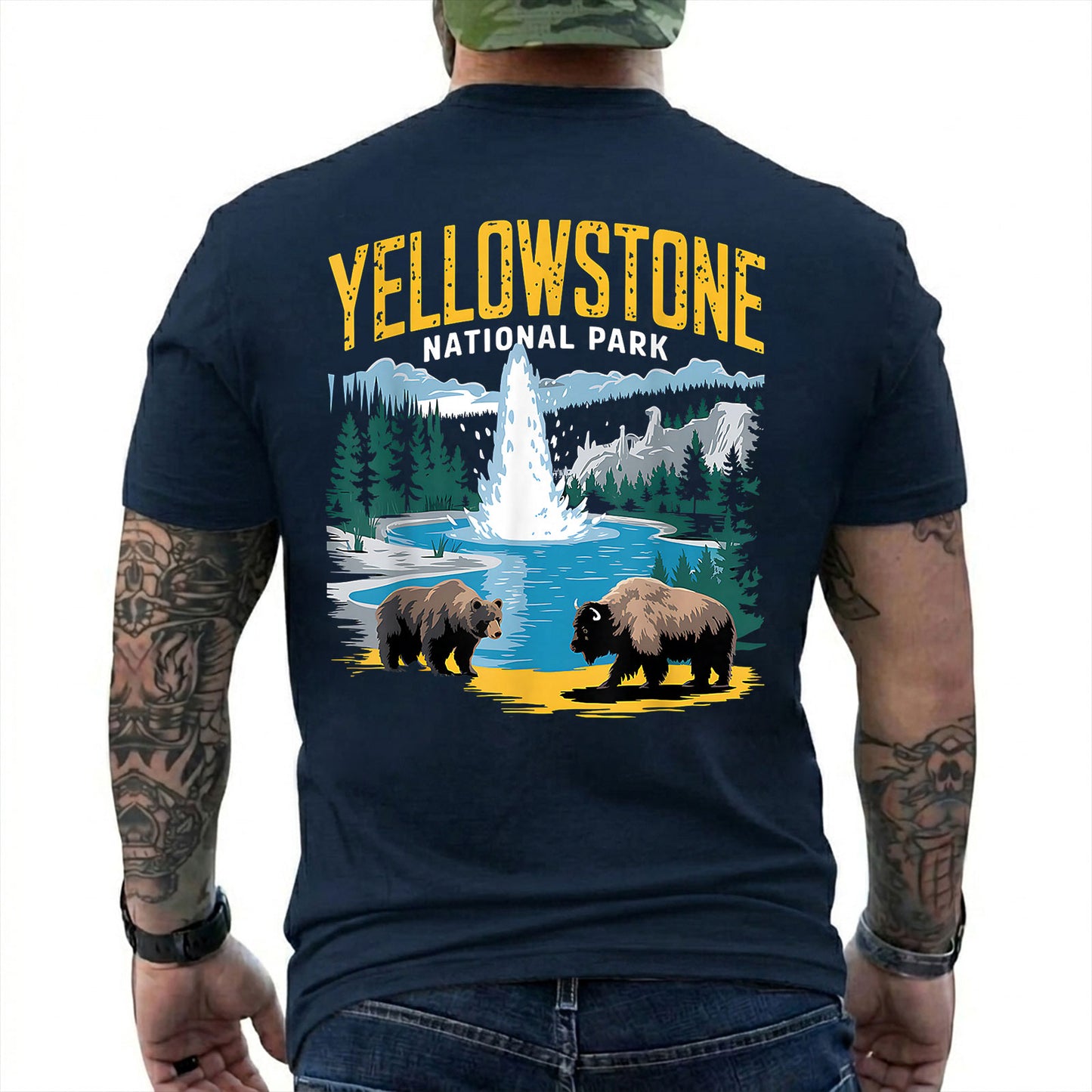 Navy T-shirt back with Yellowstone geyser landscape with a bear and bison