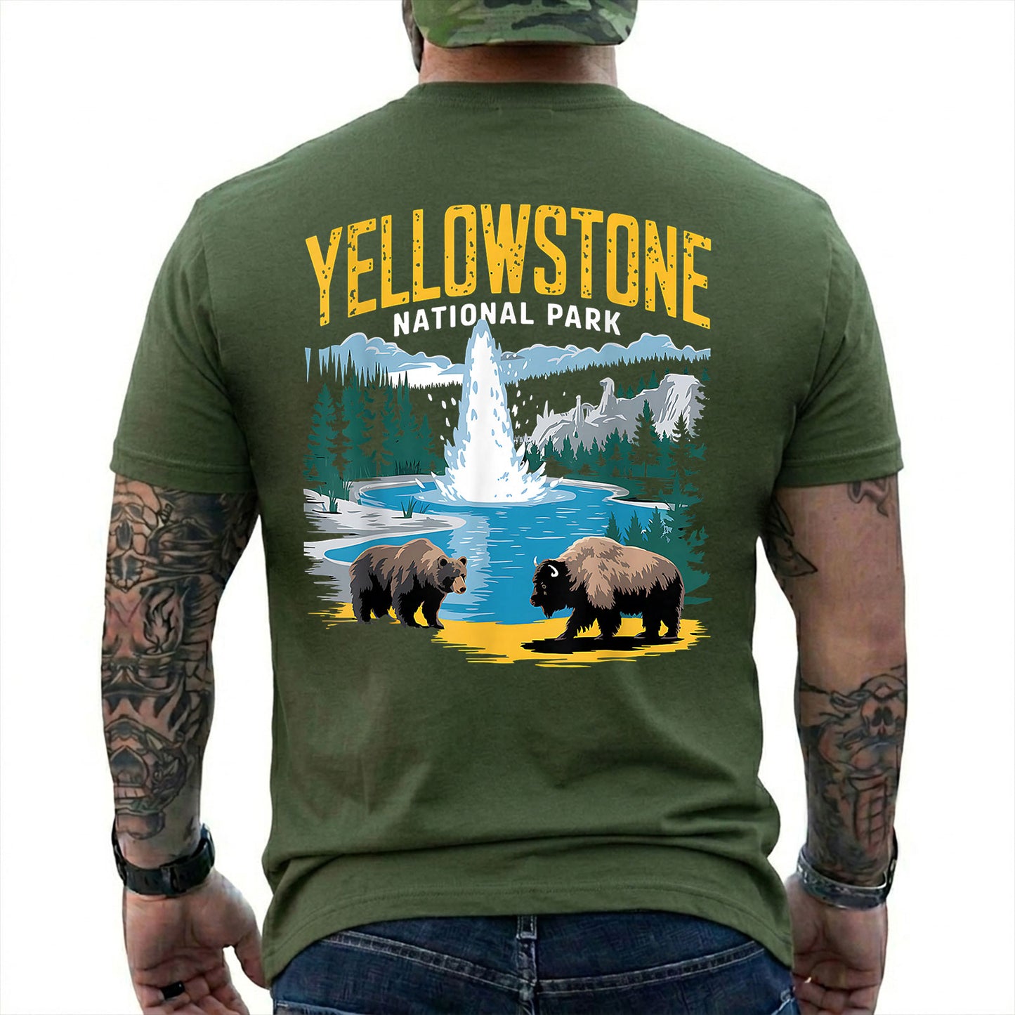 Military Green T-shirt back with Yellowstone geyser landscape with a bear and bison