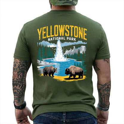 Military Green T-shirt back with Yellowstone geyser landscape with a bear and bison