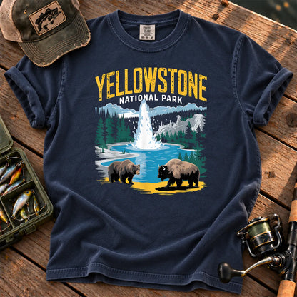 Yellowstone Geyser Bear and Bison T-Shirt in True Navy