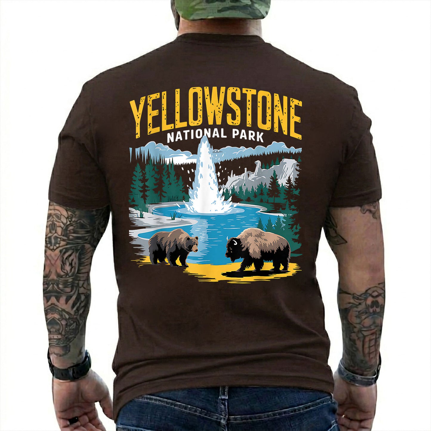 Dark Chocolate T-shirt back with Yellowstone geyser landscape with a bear and bison