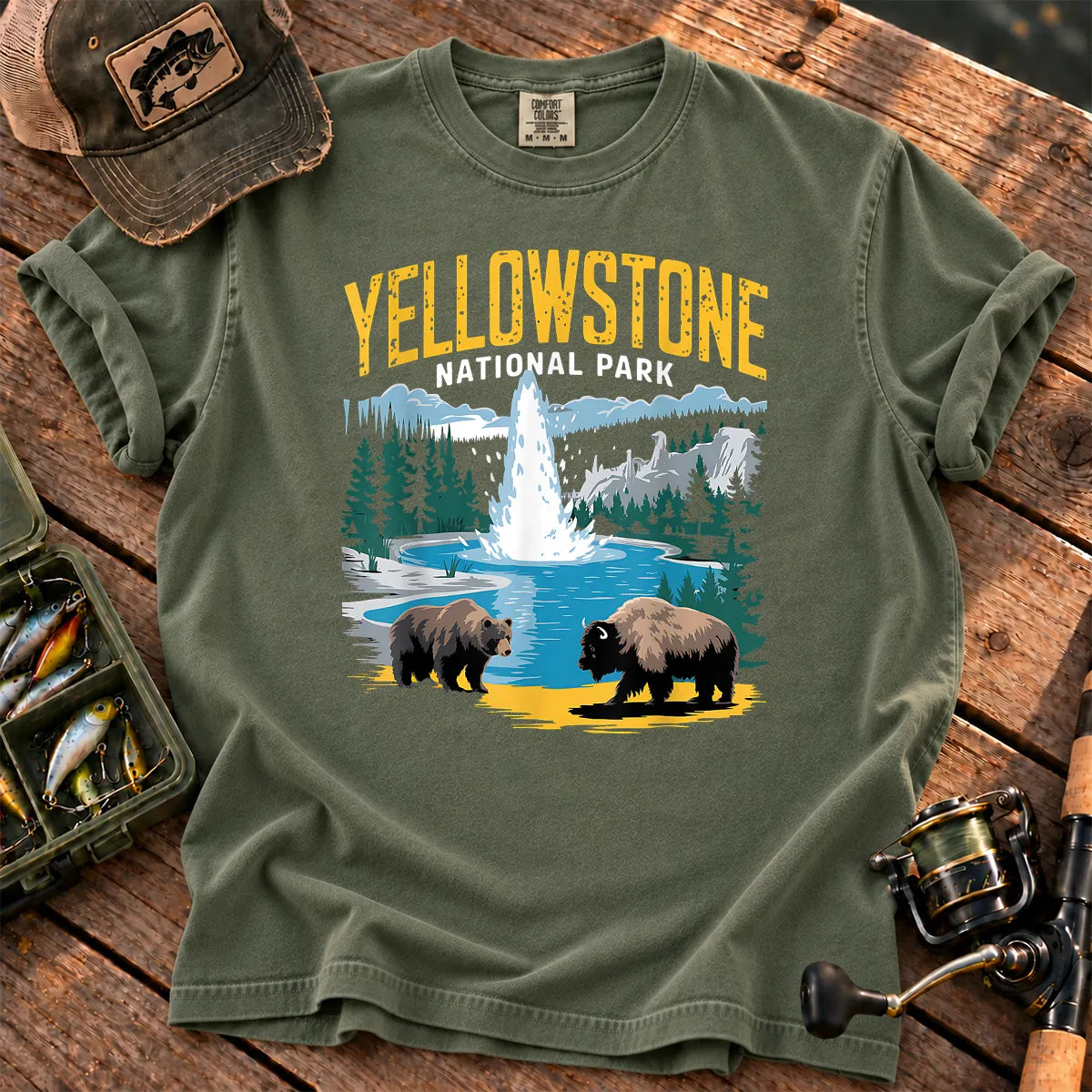 Yellowstone Geyser Bear and Bison T-Shirt in Moss