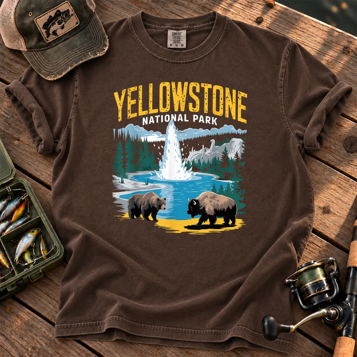 Yellowstone Geyser Bear and Bison T-Shirt in Espresso