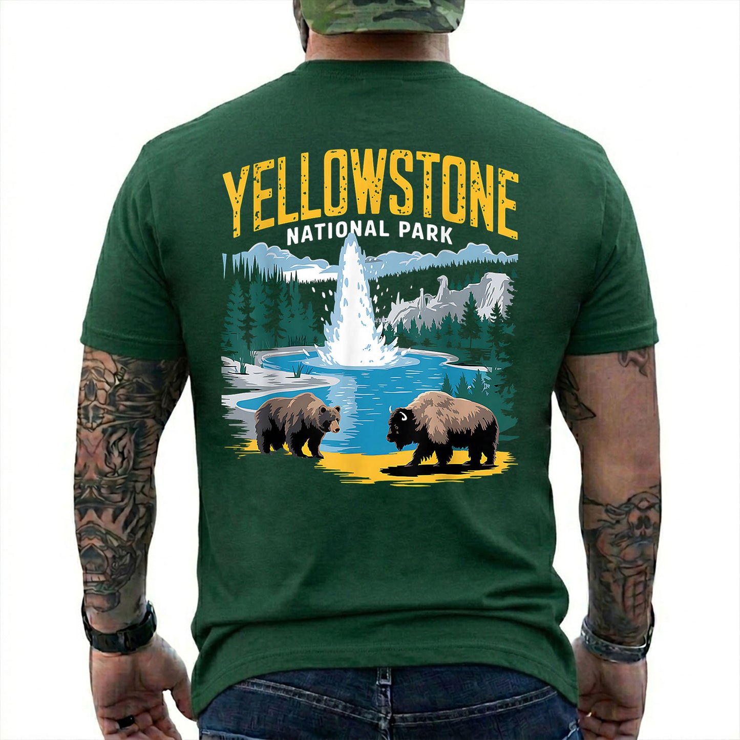 Forest Green T-shirt back with Yellowstone geyser landscape with a bear and bison