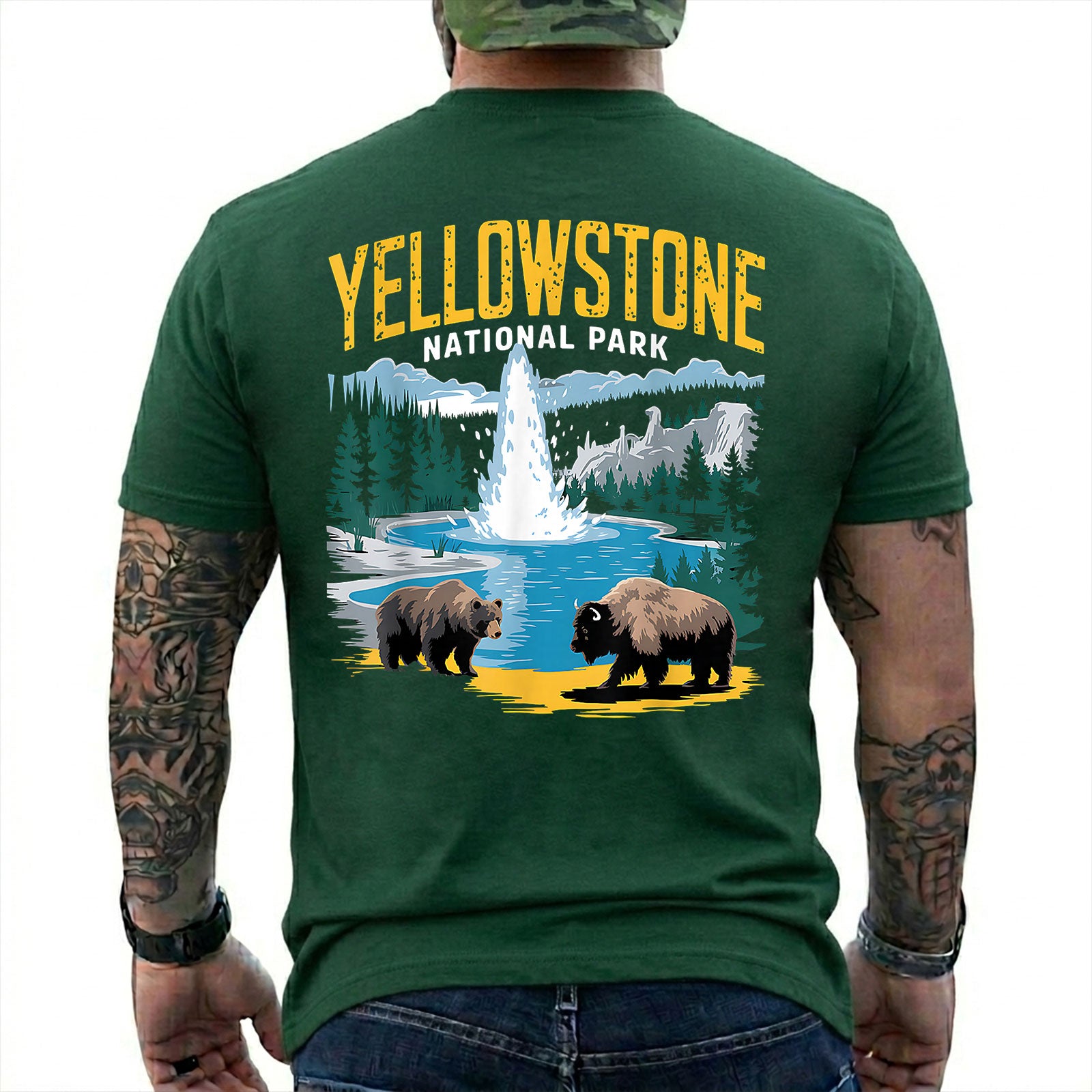 Forest Green T-shirt back with Yellowstone geyser landscape with a bear and bison