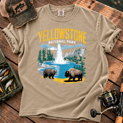 Yellowstone Geyser Bear and Bison T-Shirt in Sandstone